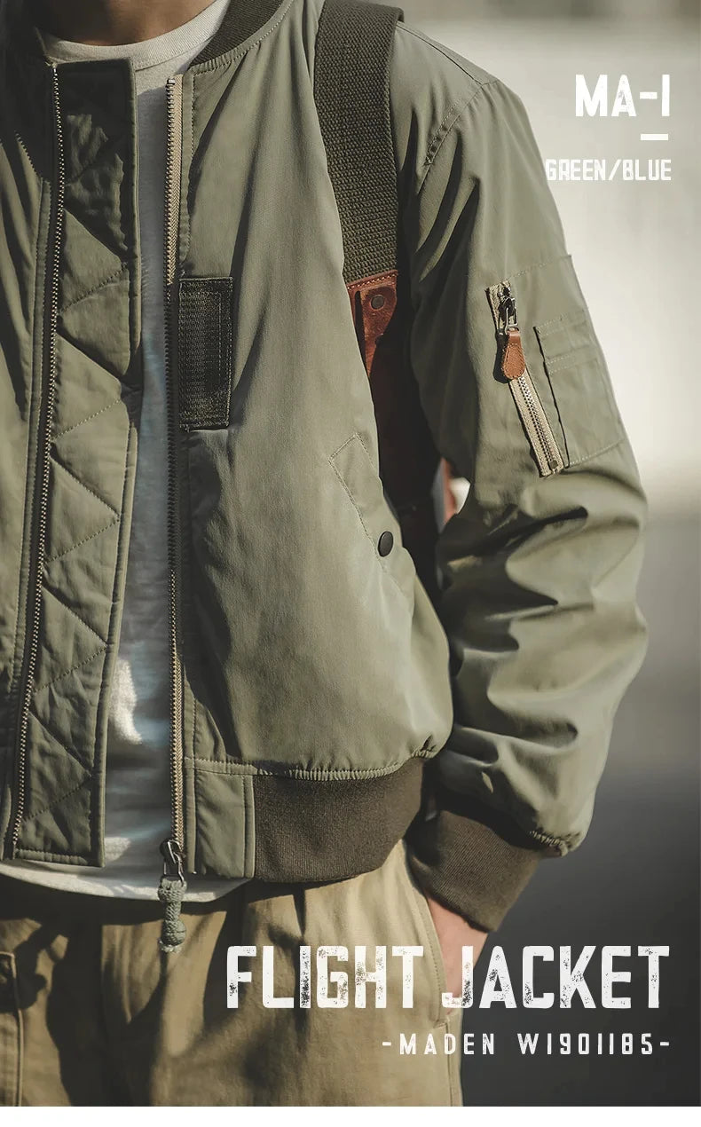 Maden Retro MA1 Bomber Jacket Thickened Splicing Baseball Flight Coat with Inner Pocket for Men's Winter Cotton Padded Jacket