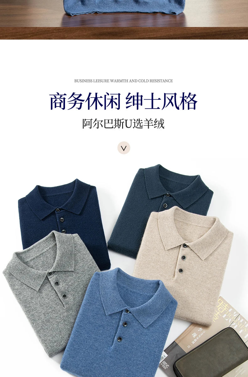 High End Men's 100% Cashmere T-shirt POLO Collar Pullover Shirt Casual Business Knitted Short Sleeved Summer Half Sleeved Top