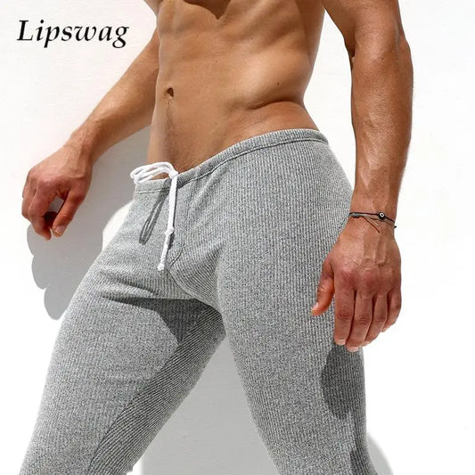 Sexy Stretch Slim Fit Knit Pants Mens Pajamas Autumn Casual Drawstring Solid Color Ribbed Knitted Pants For Men Spring Trousers