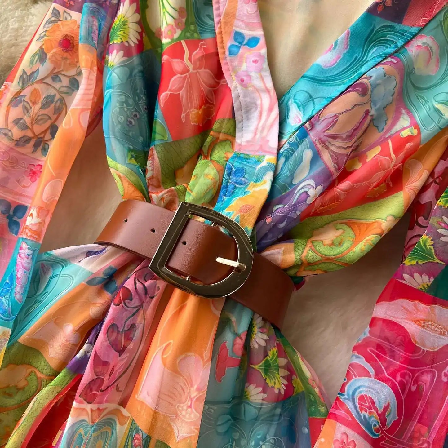 XFPV 2025 Spring New Fashion High-end V-neck Lantern Sleeves High Waist Print Swing Ruffle Edge Chiffon Long Dress Women SM11517