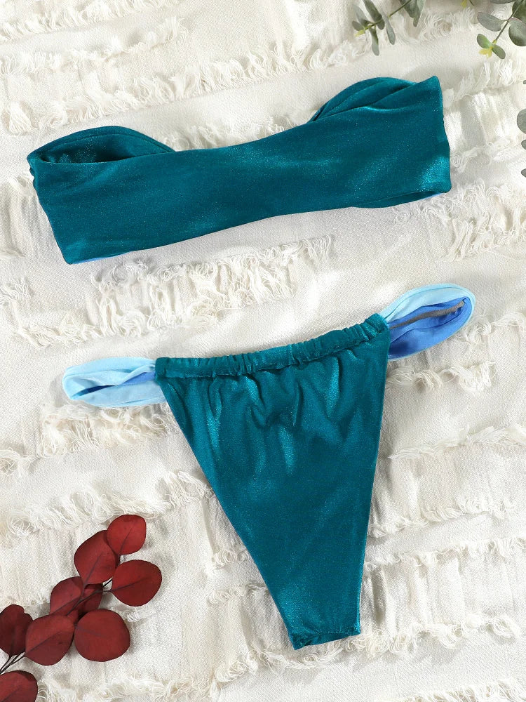 Patchwork Bikini Set for Women, Bandeau Swimsuit, Push Up Swimwear, Sexy Bikinis, High Cut Thong, Brazilian Beachwear, New