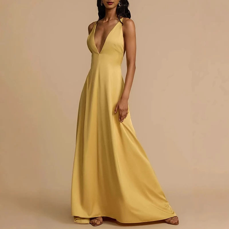 Sexy Backless Bandage Beading Long Dress Woman Spring Deep V Neck Hollow Loose Party Dress New Summer Spaghetti Strap Maxi Dress