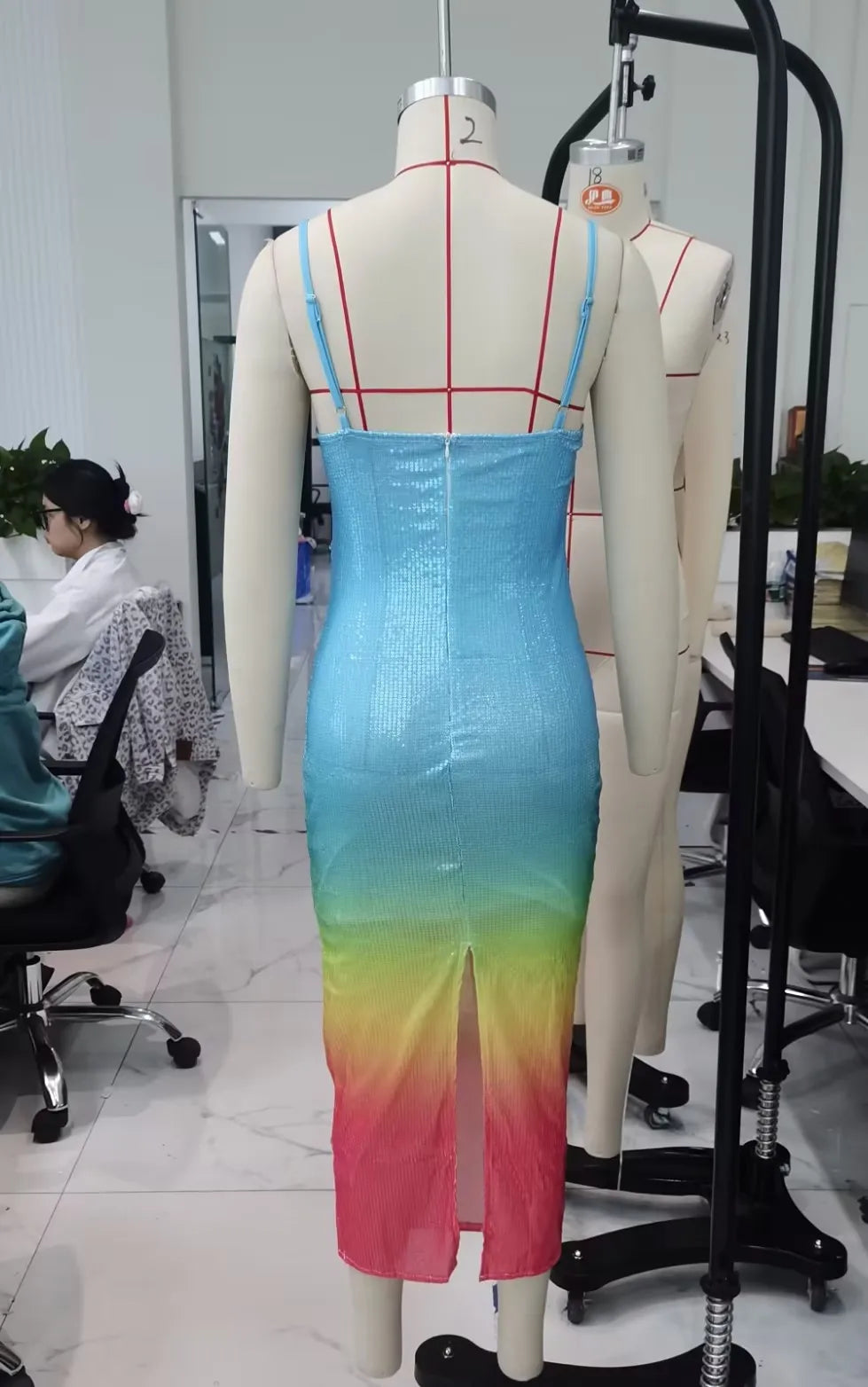hirigin Women's Summer Long Dress U Neck Sleeveless Spaghetti Strap Leaves Pattern Slit Hem Contrasting Color Sequin Slim Dress