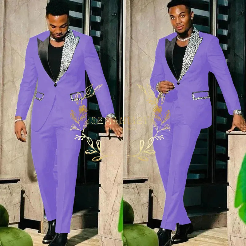 Black Suits for Men Slim Fit Single Breasted Peak Lapel Blazer High Quality Crystal Prom Party 2 Piece Jacket Pants Sets Terno
