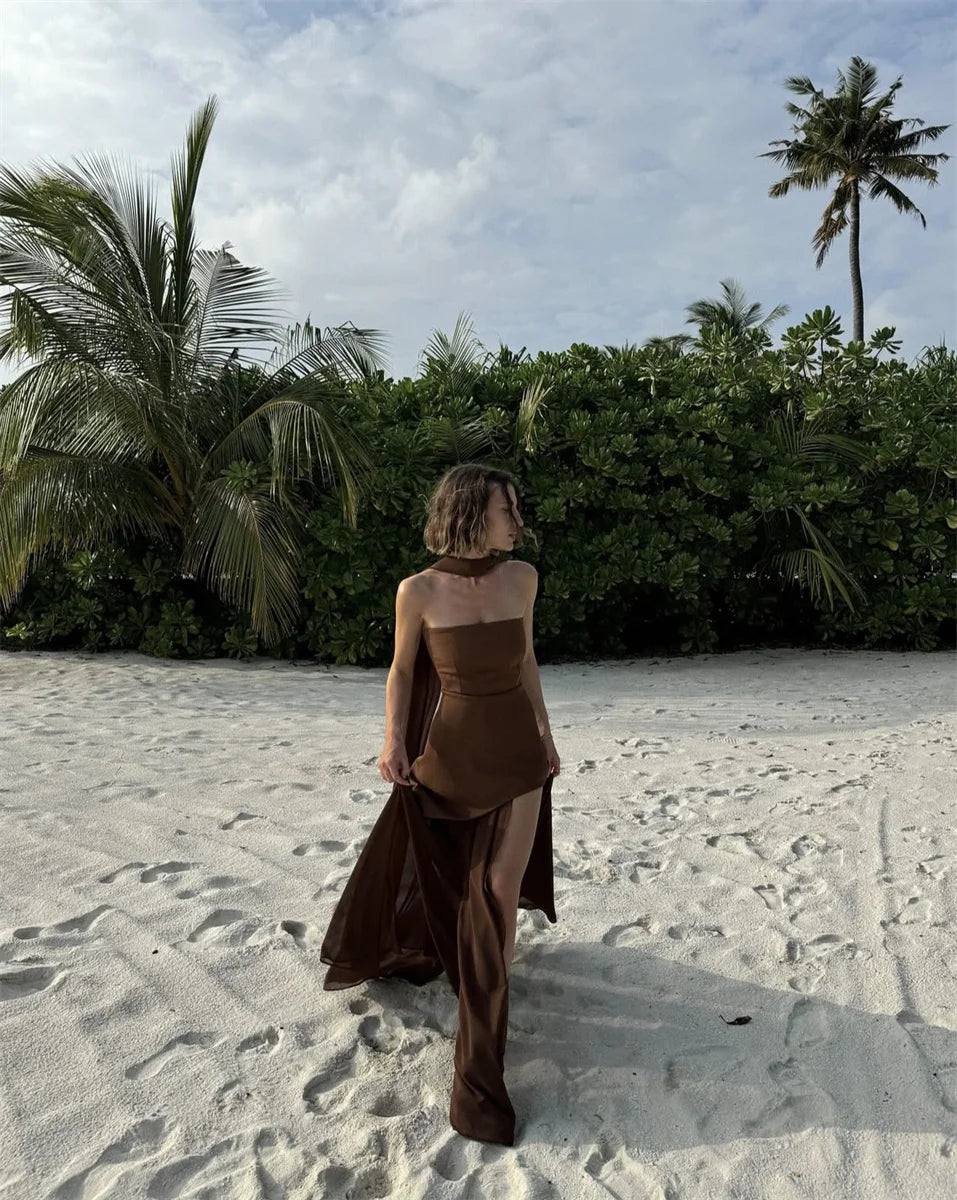 Fashion Strapless Dress With Ribbon Female Elegant Sleeveless Patchwork Mesh Beach Vacation Long Dress 2025 Summer New Dress
