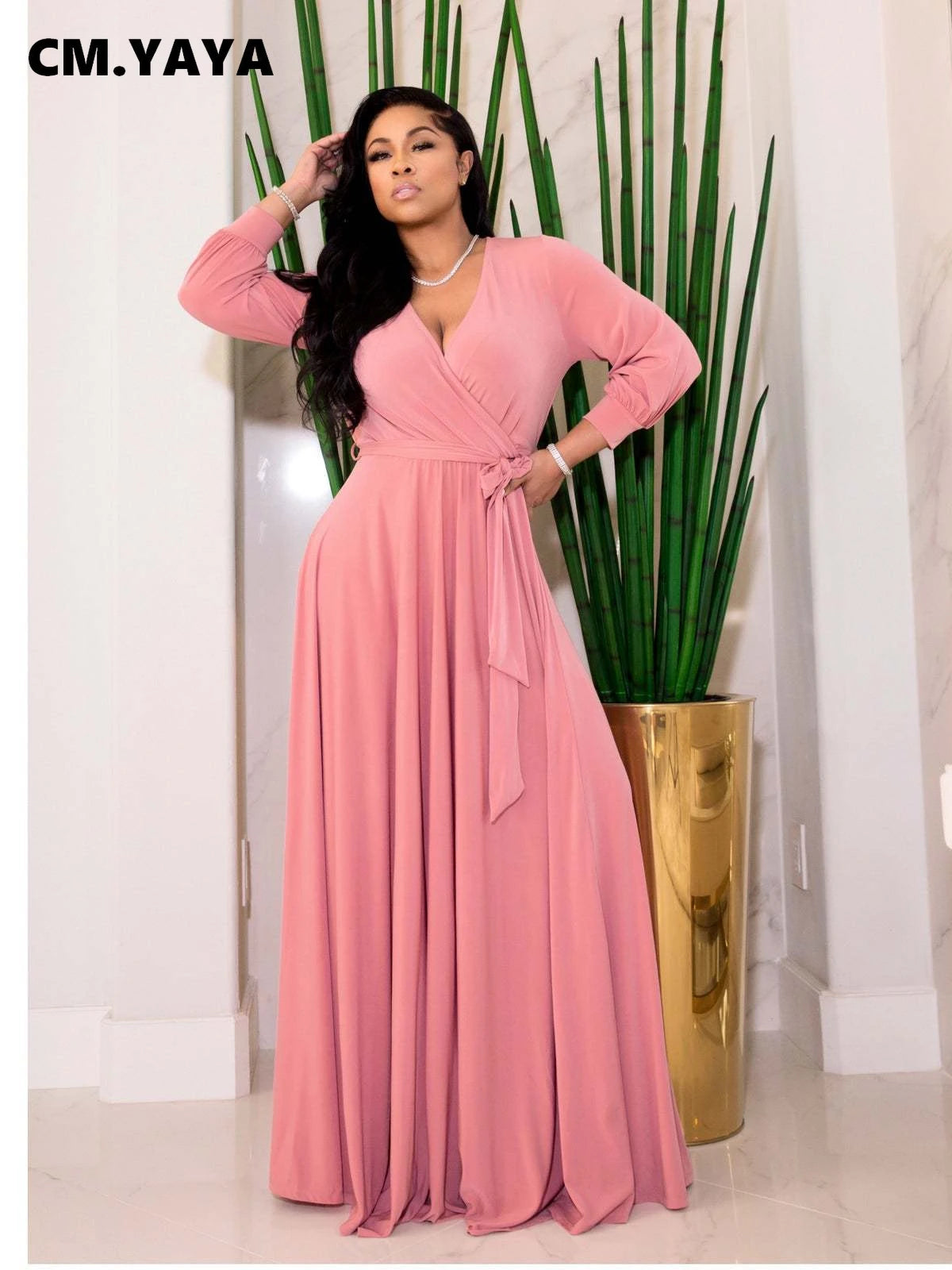 CM.YAYA Elegant Women Wraped V-neck Long Sleeve with Sashes Maxi Long Dress Chic INS Sexy Party Prom Big Swing Pink Dresses