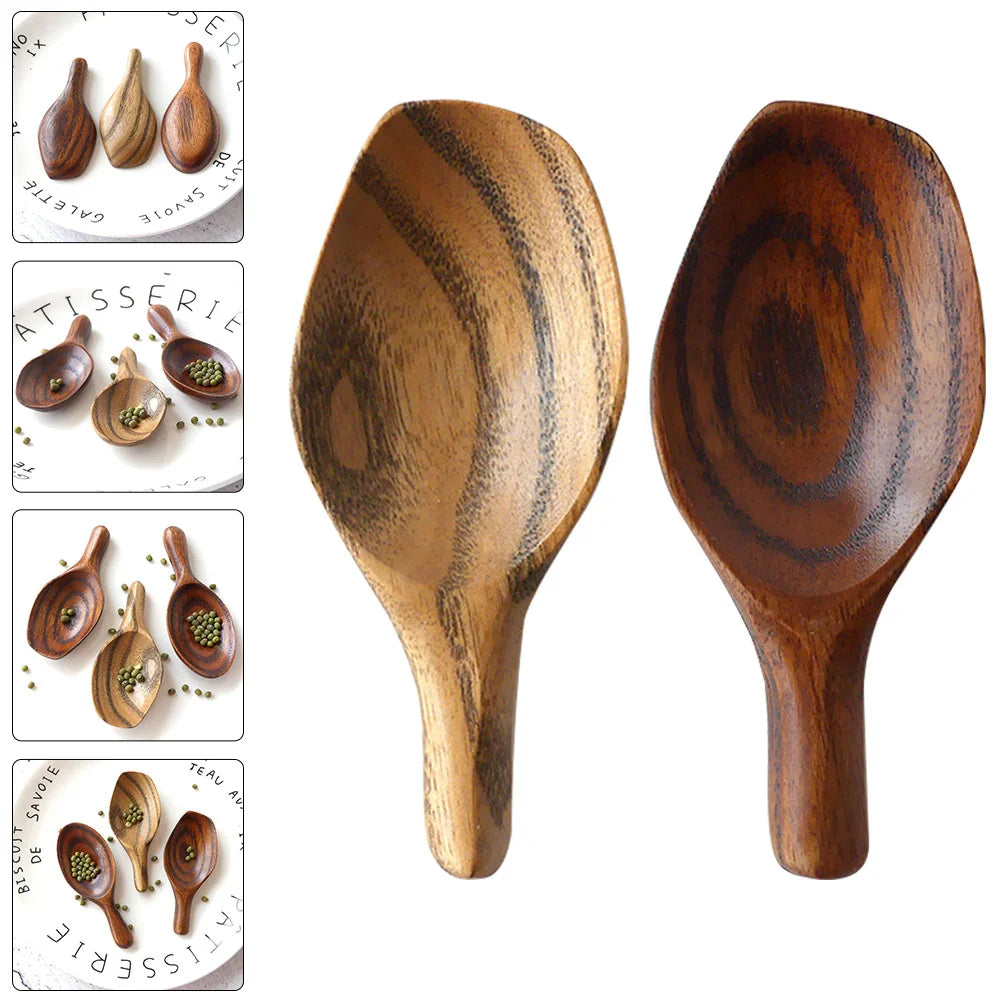 2Pcs Short Handle Wide Mouth Spoon Japanese Wooden Scoops Mini Condiment Spoons Kitchen Dining Bar Sugar Spoons Dessert Spoons