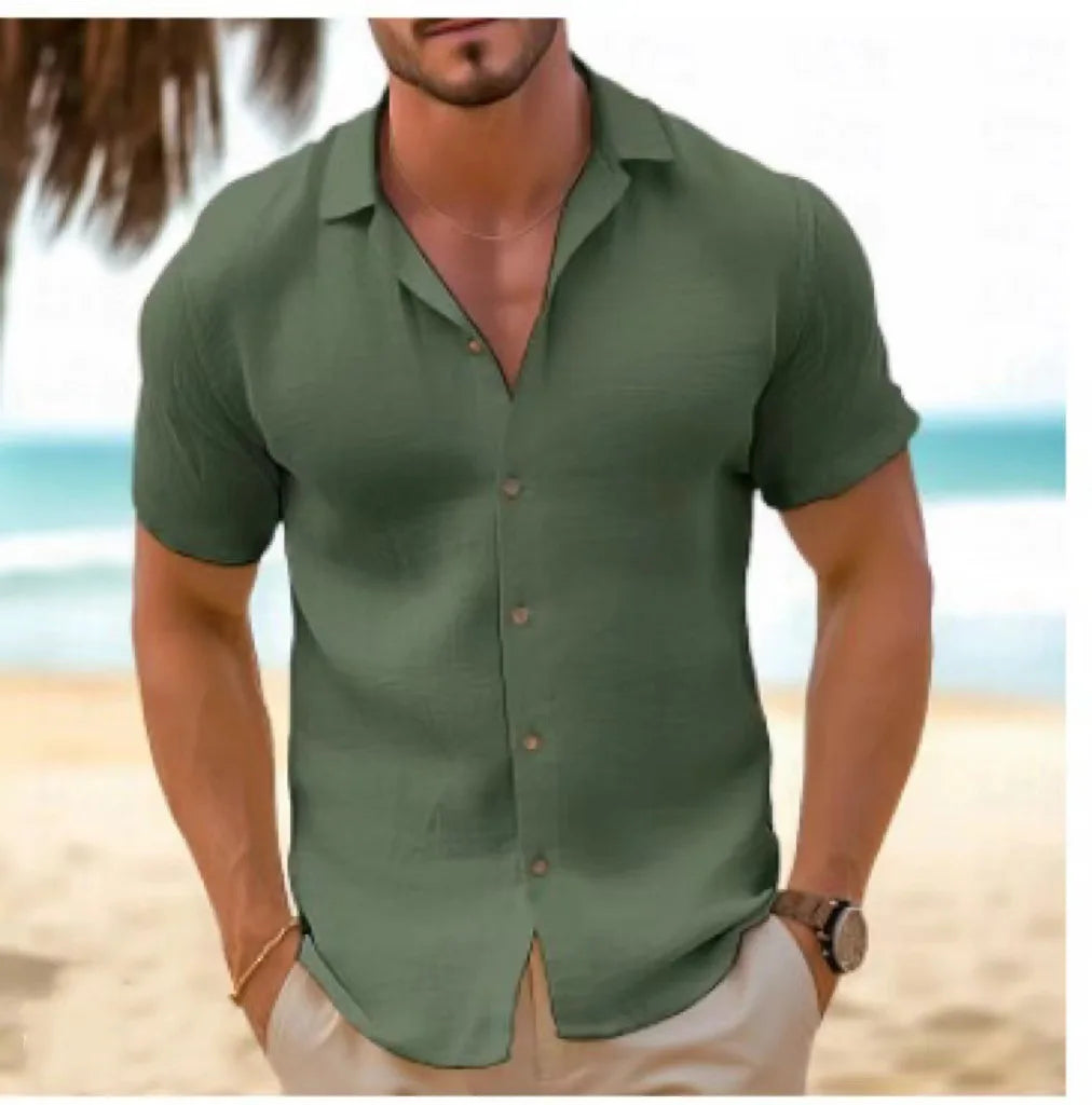 Summer Men's Shirt Short-sleeved Button-down Lapel White Top Casual Simple Black Blouses for Male