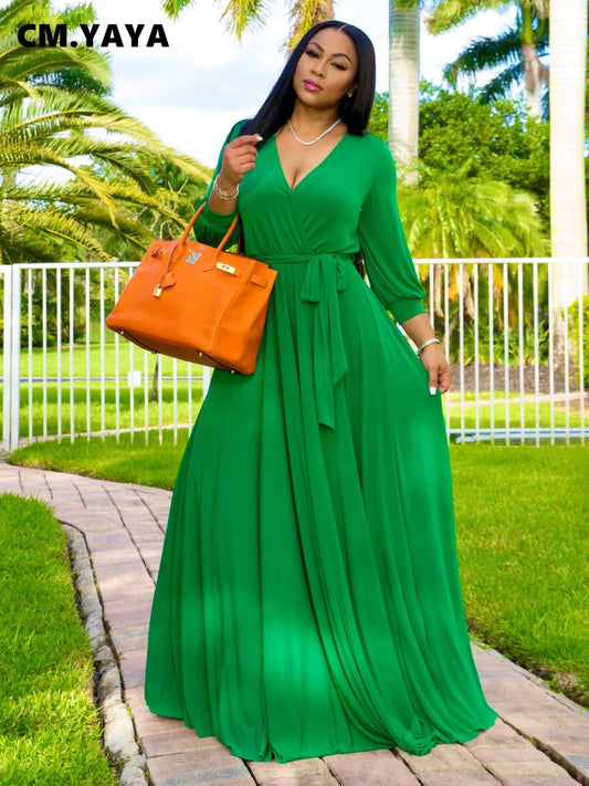 CM.YAYA Elegant Women Wraped V-neck Long Sleeve with Sashes Maxi Long Dress Chic INS Sexy Party Prom Big Swing Pink Dresses
