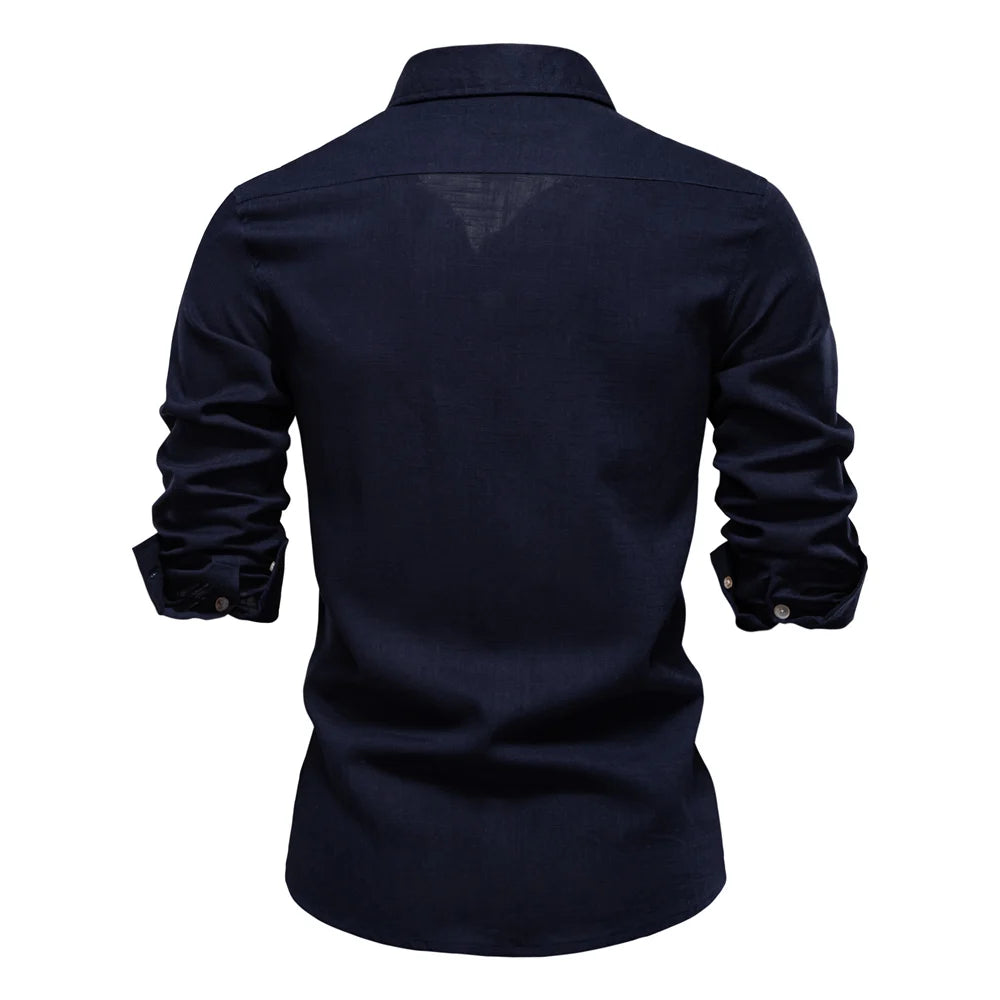 2025 New Design Men's Solid Color Linen Long Sleeve Shirt - Casual Button-Down Collar Shirt for Men