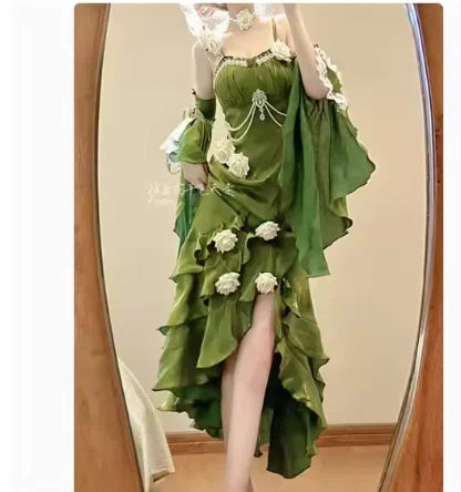 Red Lolita Fishtail Dress Womens High Waist Slim Fit Elegant 3D Rose Irregular Long Dress Lady Gothic Dress Spring and Summer