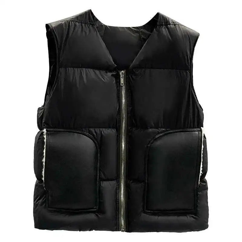 HKSH Autumn Winter Men's Tide Dark V-neck Cotton Jacket Women Splice Fur Patchwork Sleeveless Vest Zipper Chic Down Coats HK2466