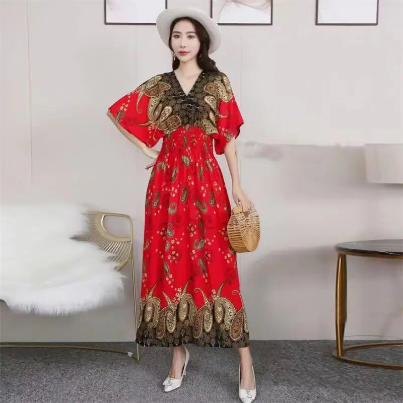 V-neck Large Skirt Hem Casual Sweet Holiday Long Dress Bat Sleeves Elastic Waist Bohemian Print Floral Elegant Dresse For Women