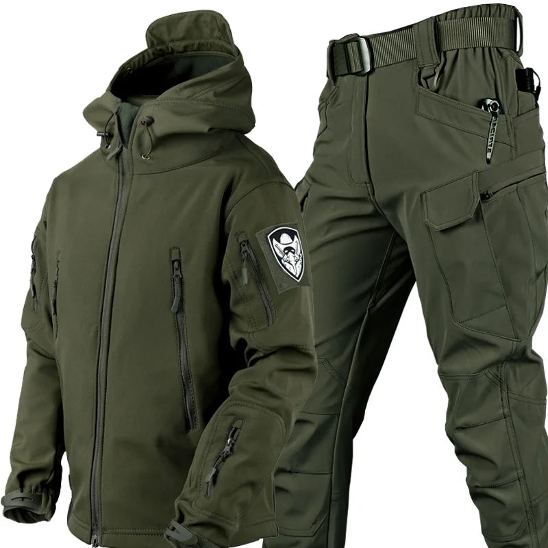 Winter Tactical Sets Men Outdoor Work Fleece Jacket Waterproof Shark Skin Soft Shell Hooded Jacket Multi-pocket Cargo Pant 2 Pcs