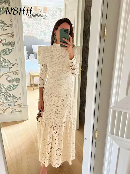 Elegant Lace Hollow Out Long Dress Women High Collar Long Sleeve Slim Solid Dresses 2025 Spring Summer Patchwork Lady Party Robe
