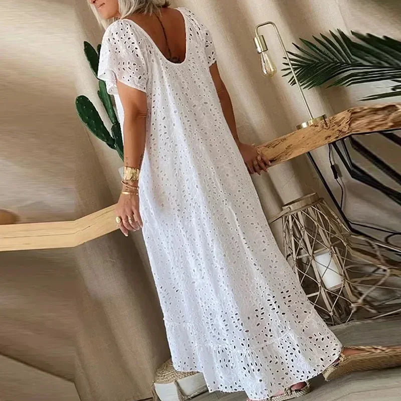 Women's Casual White Swing Party Dresses YK2 Ladies Elegant O-neck Hollow Long Dress Vestidos Summer Loose Short Sleeve Dress