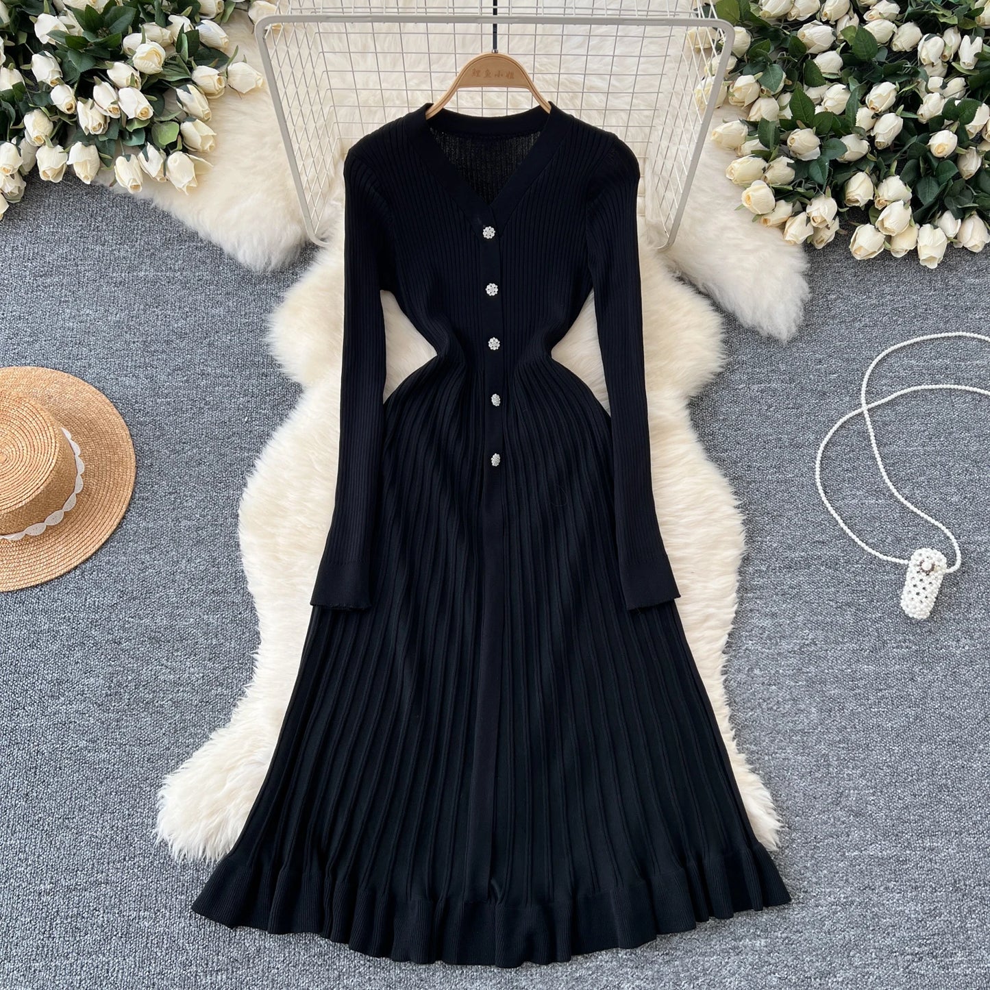 SINGREINY Autumn Knitting Sweater Dress Ladies V-Neck Single Breasted Full Sleeve Soft Slim Senior Knitted Casual Long Dress