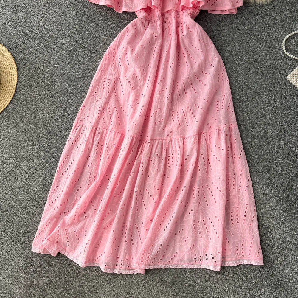 SINGREINY High Street Cotton Embroidery Long Dress Women Hollow Out Backless Beach Sundress Fashion Off the Shoulder Sexy Dress