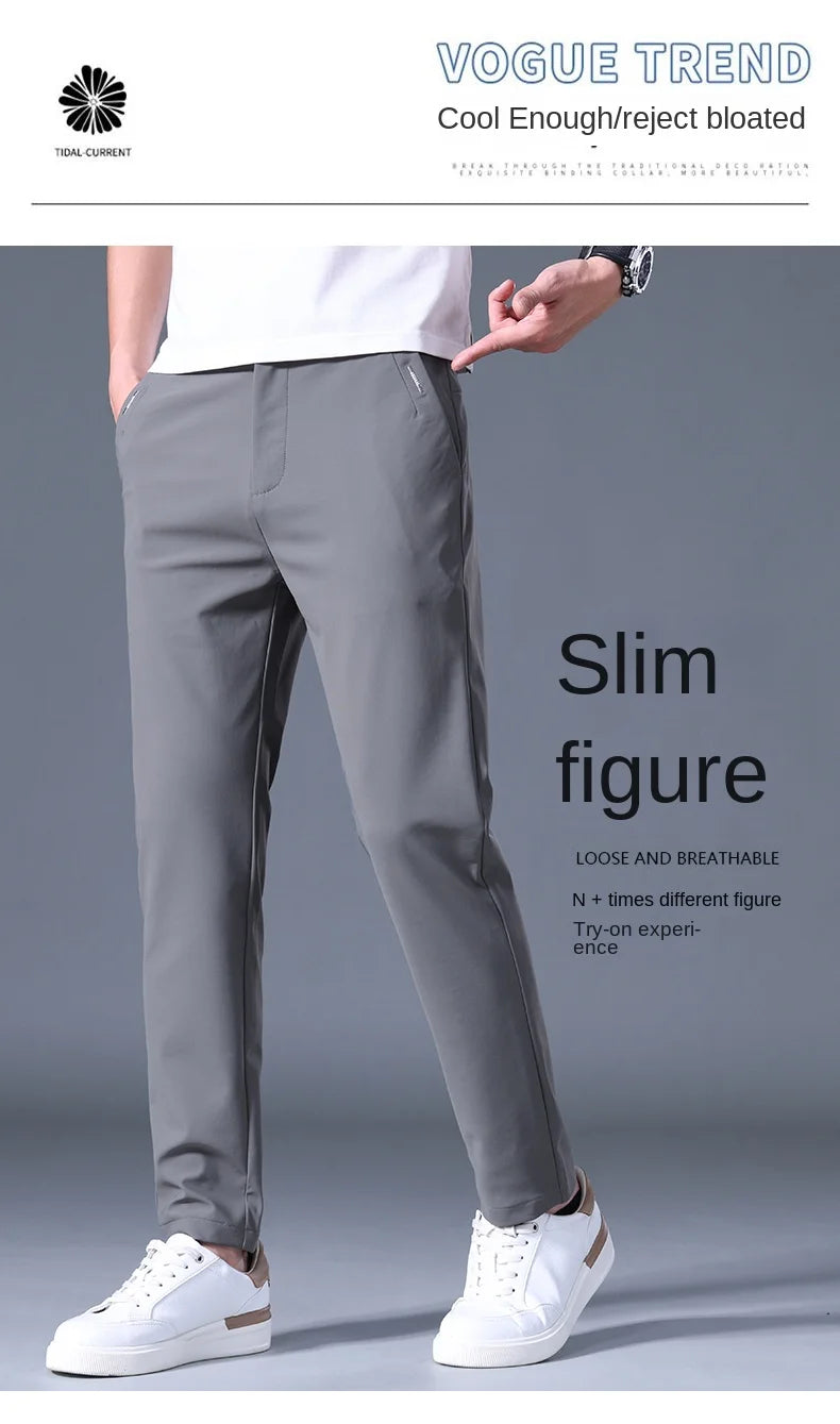 Summer Men's Casual Pants Thin Business Stretch Slim Fit Elastic Waist Jogger Korean Classic Blue Black Gray Brand Trousers Male