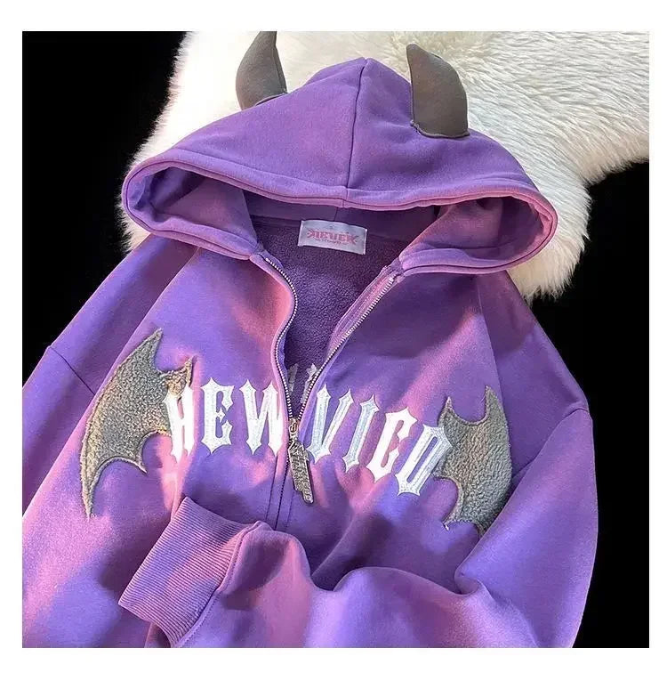 Winter New Cotton Jacket Devil Wing Embroidery Bread Jackets Men's Women's Vintage Harajuku Casual Loose Hooded Cotton-padded