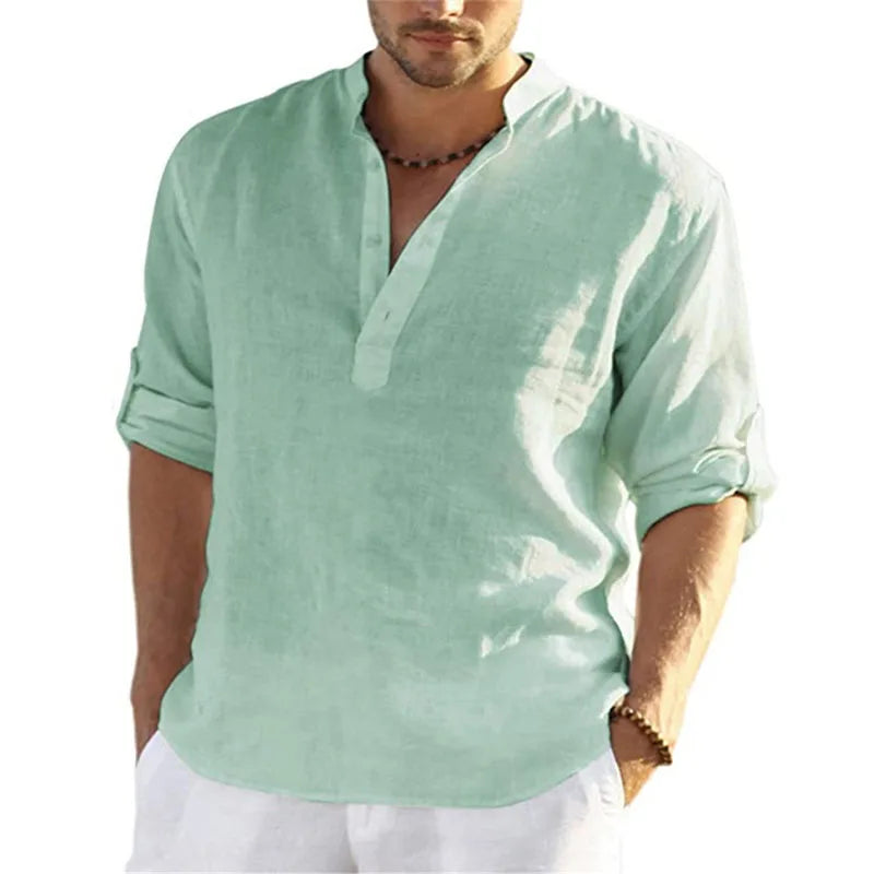 1pcs Summer Men Lightweight Shirt Male Long Sleeve Cotton Linen Shirts Beach Loose Fitting Shir Men's Breathable Collar T Shirt
