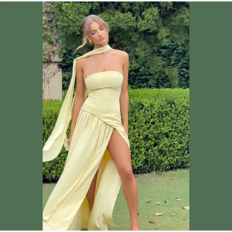 Elegant Yellow Gauze Off Shoulder Scarf Neack Long Dress Women Fashion Sleeveless A-line Vestido 2025 Summer Vocation Party Robe