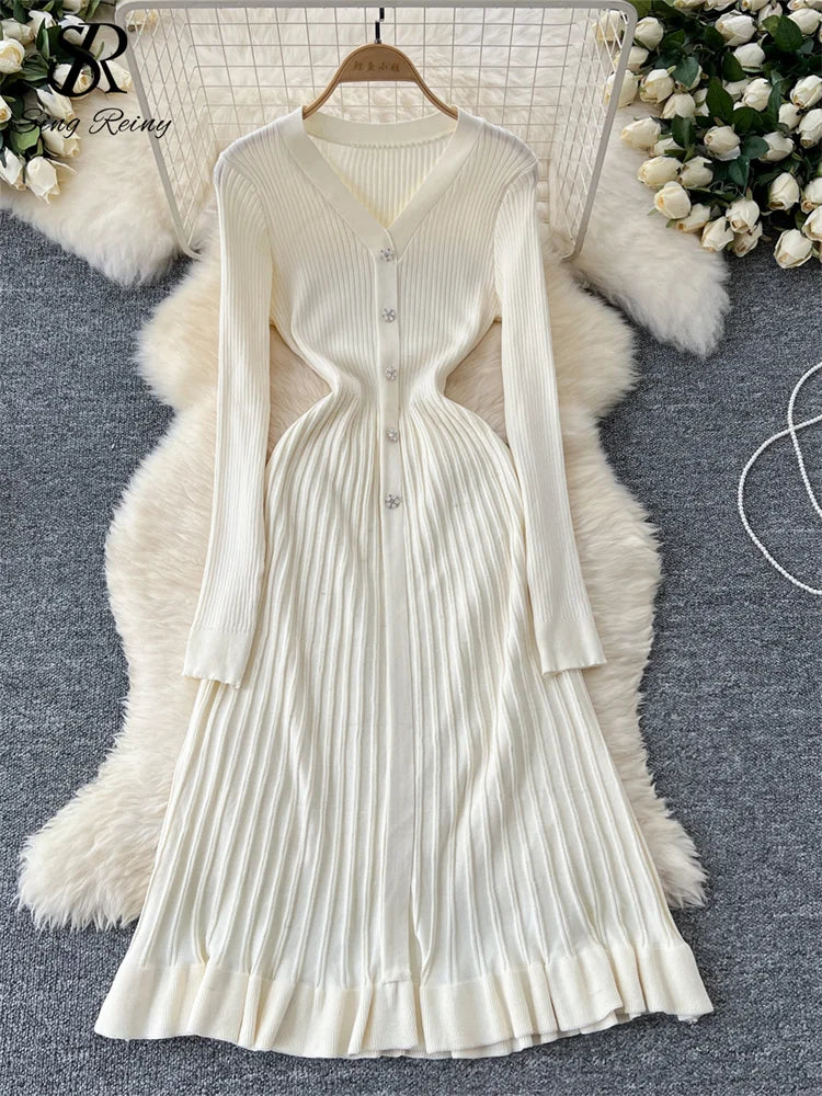 SINGREINY Autumn Knitting Sweater Dress Ladies V-Neck Single Breasted Full Sleeve Soft Slim Senior Knitted Casual Long Dress