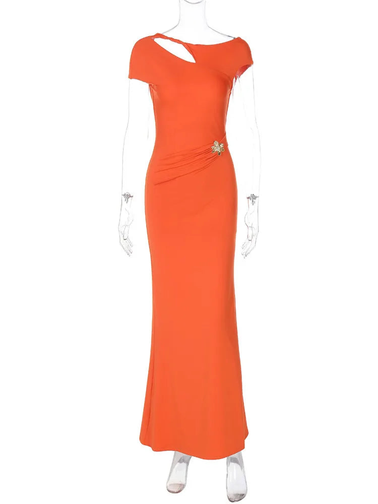 Mozision Hollow Out Backless Sexy Maxi Dress For Women Fashion Metal Buckle Solid Short Sleeve High Waist Slim Fit Long Dress