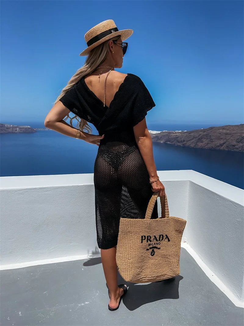 2024 White Crochet Tunic Bikini Cover-ups Sexy Hollow Out Long Dress V neck Women Summer Clothes Beach Wear Knitted Cover Up