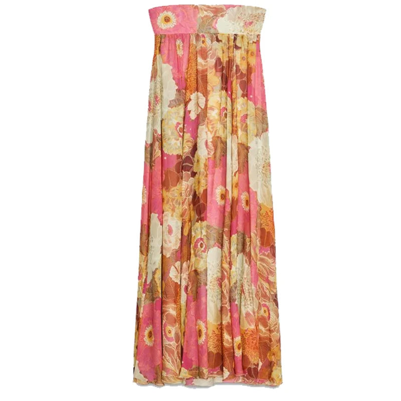 2025 Summer Strapless Dress Printed Women Long Dress Backless Pleats A-line Large Hem Robe Elegant Female Party Holiday Vestidos
