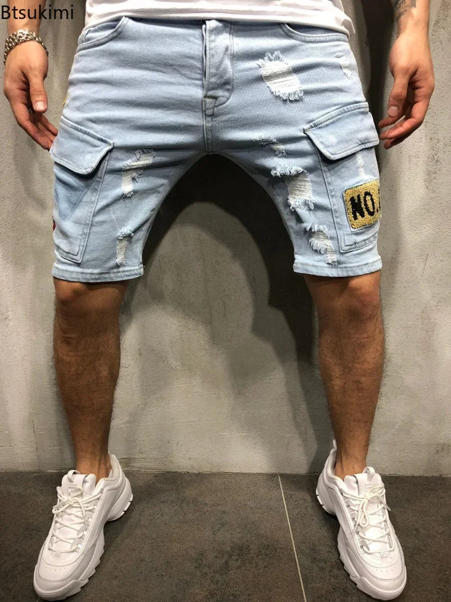 2025 Men's Summer Short Jeans High Stretch Fashion Casual Denim Shorts Male Slim Fit Elastic Badge Pockets Hole Shorts for Men