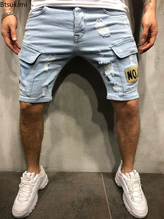 2025 Men's Summer Short Jeans High Stretch Fashion Casual Denim Shorts Male Slim Fit Elastic Badge Pockets Hole Shorts for Men