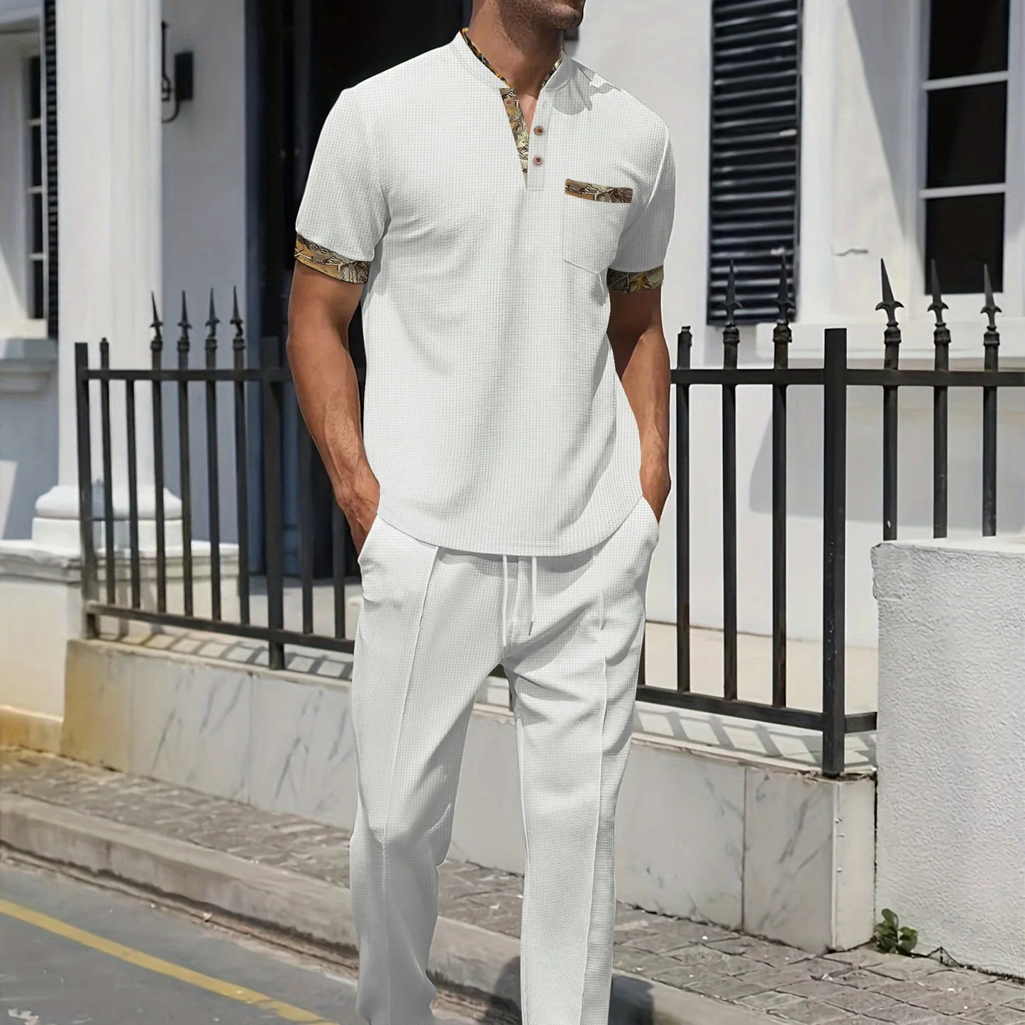 Men's Light Luxury Polo Shirt Set Summer Men's Stand up Collar Button Pocket Waffle Short Sleeve T-shirt Sports Trend Men's Set