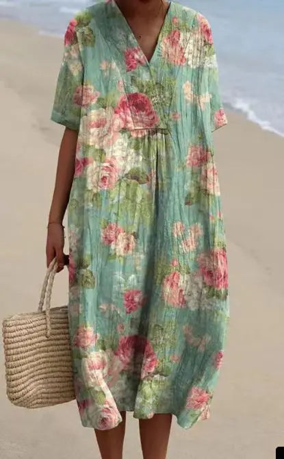 Summer Women Print Dress New Fashion V Neck Short Sleeve Loose Holiday Casual Dresses Female Beach Party Vestidos Robe Femme
