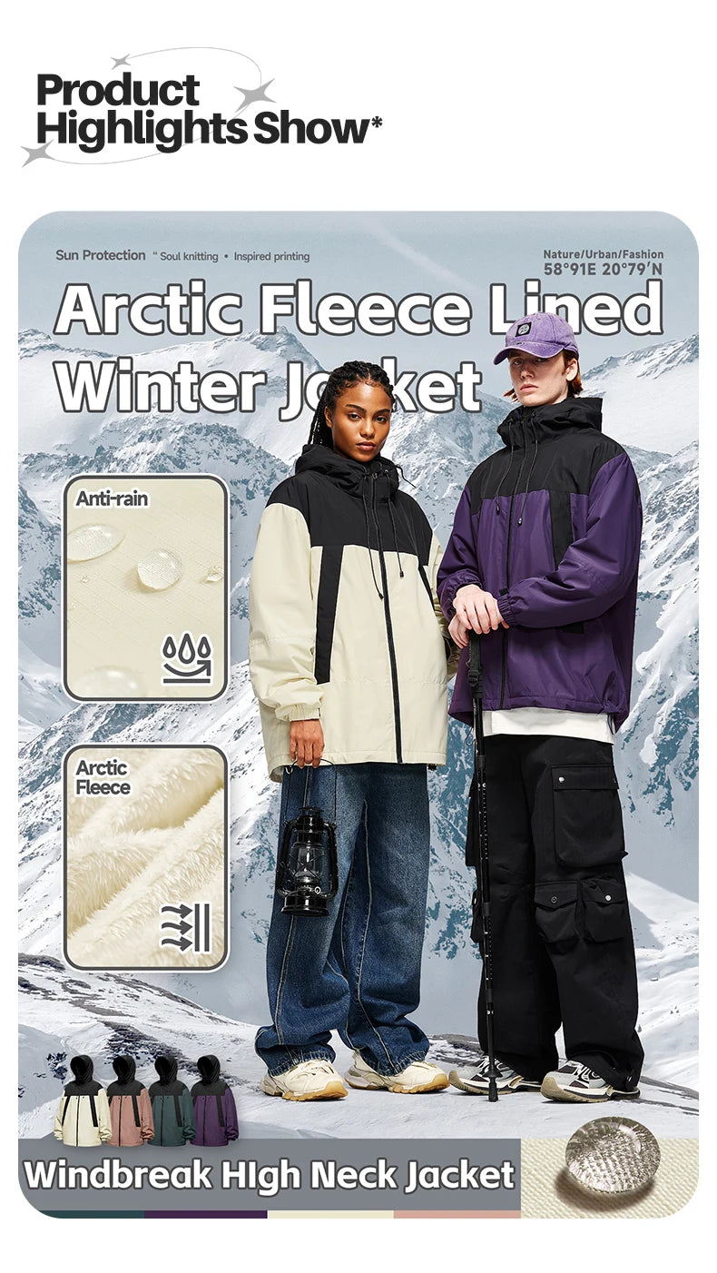 INFLATION Winter Arctic Velvet Inner Parkas Unisex High Neck Windproof Cotton Padded Hooded Jacket Mens Outdoor Coat