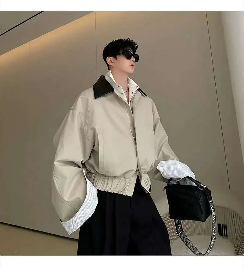 LUZHEN 2025 Spring Design Leather Collar Trendy Jacket Personalized Handsome Trendy Classy Versatile Color Contrast Tops LZ8146