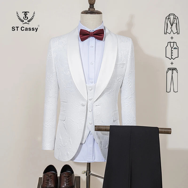 ST Cassy High Quality luxury Retro carving Party Dress Slim Fit Tuxedo Prom Suit Fashion white Male Groom Wedding three-piece