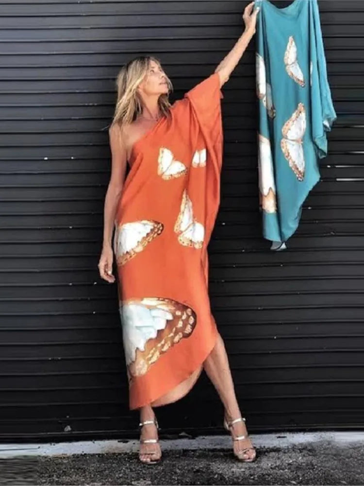 Color Butterfly Print One Shoulder Sleeve Dresses Women Sexy Off Shoulder Loose Beach Vacation Irregular Long Dress Streetwear