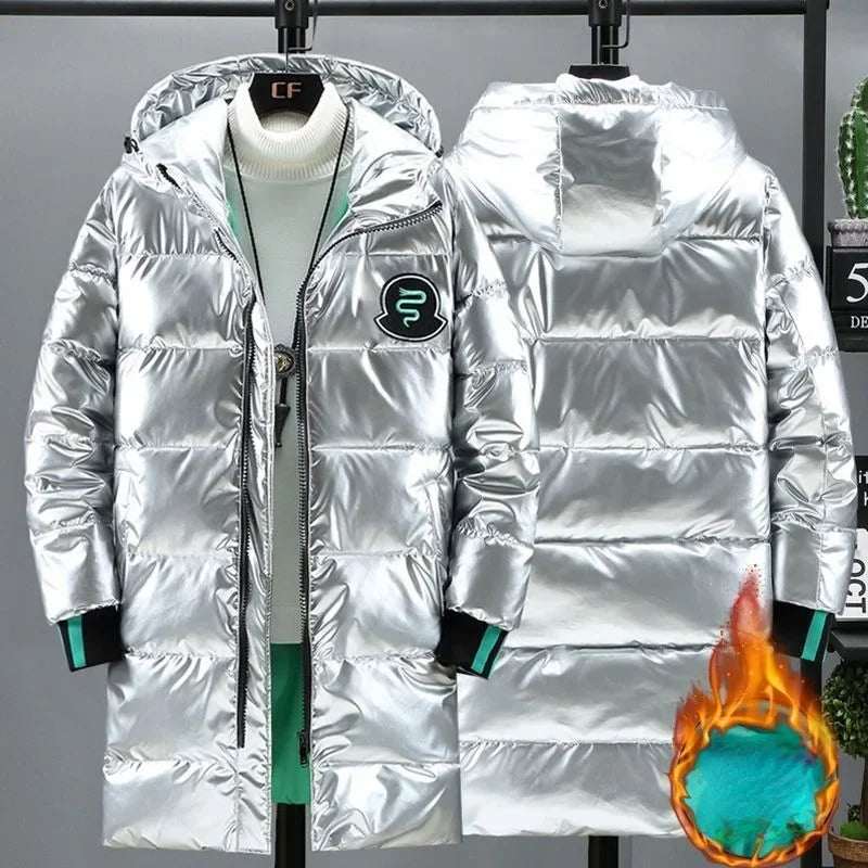 Men's Mid Length Cotton Down Jacket, Thick Down Overcoat, Glossy Coat, Quilted Hoodie, Hat, Winter Trend, Casual, New