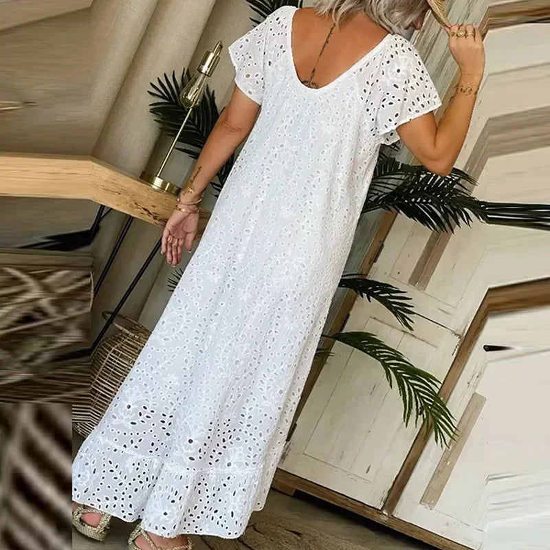 Women's Casual White Swing Party Dresses YK2 Ladies Elegant O-neck Hollow Long Dress Vestidos Summer Loose Short Sleeve Dress