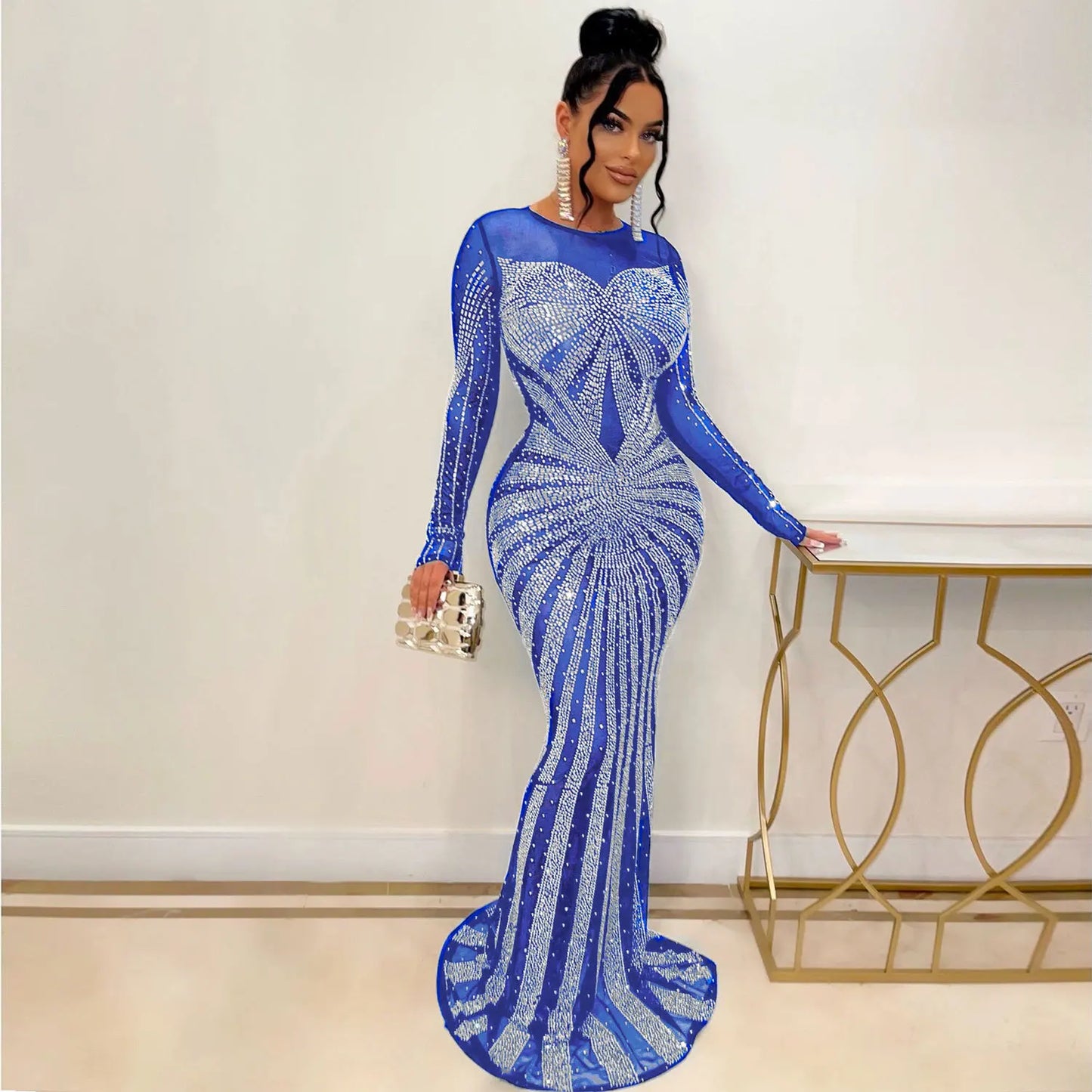 Sexy Rhinestone Crystal Mesh See Through Maxi Dress New Women Long Sleeve Birthday Night Clubwear Long Dress Wedding Party Dress