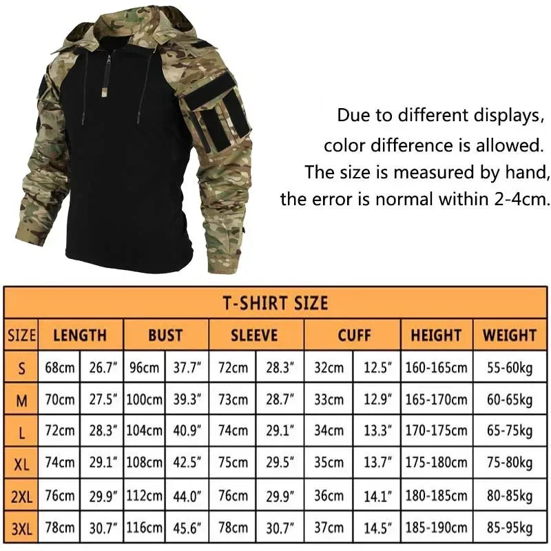 Combat Shirts Hoodies Tops Men Airsoft Tactical Shirt 1/4 Zip Long Sleeve Paintball Camping Hunting Work Clothing Wear Resistant