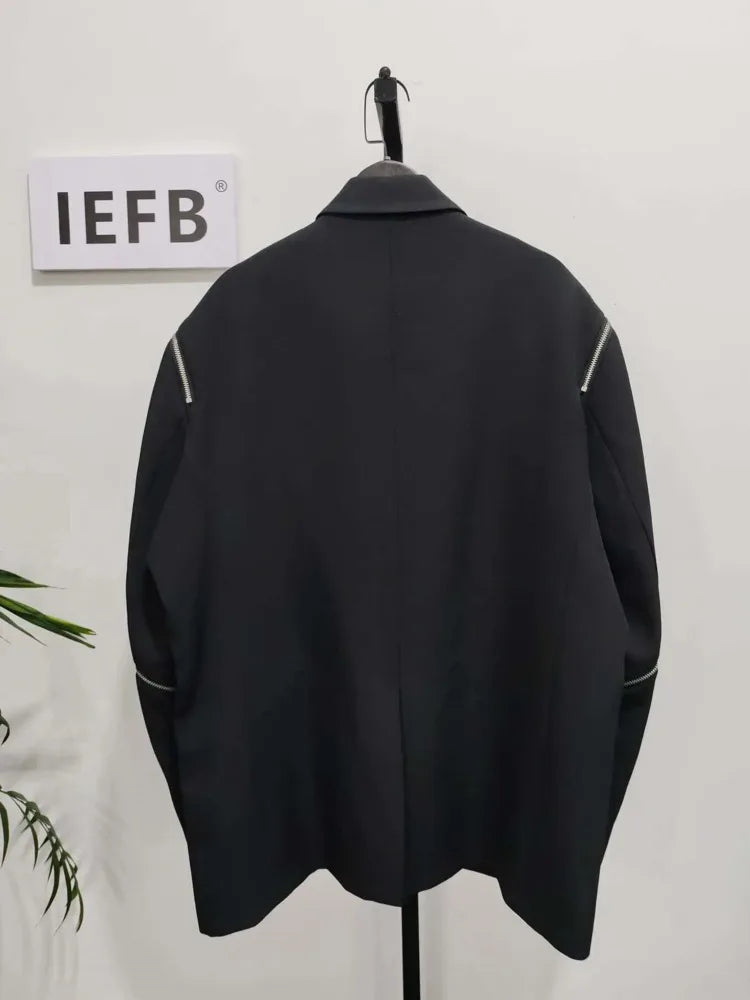 IEFB Zipper Men Suit Personalized Design Coat Casual 2023 Solid Color Long Sleeve Zipper Decoration Male Jacket Darkwear 9A5018