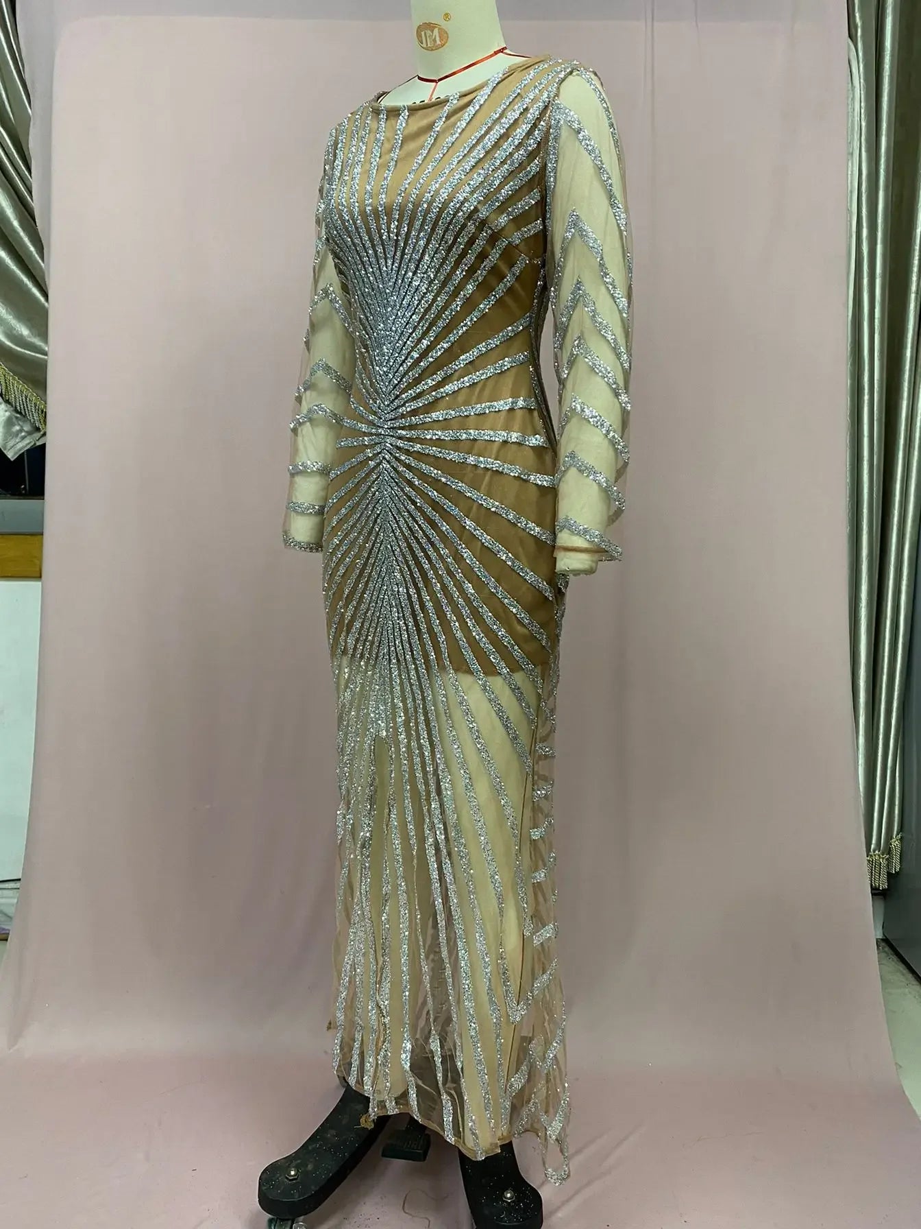 2024 New Spring Fashionable Embellished Women's Mesh Dress Long Sleeve Side Slit Long Dress For Women