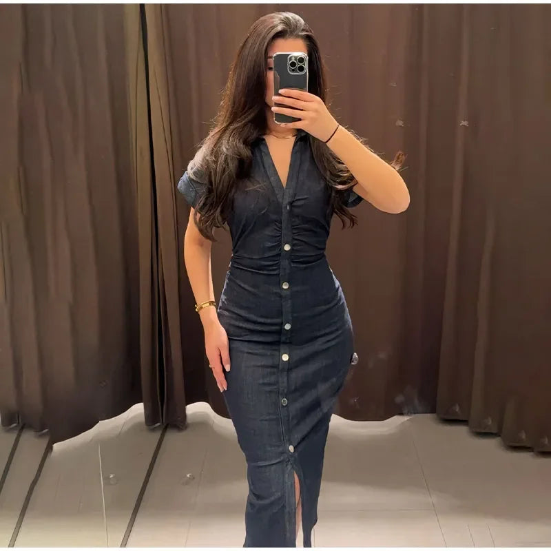 Sexy V-neck Denim Dresses 2025 Women's Spring Fashion Slim Long Dress Chic Short Sleeves Single Button High Street Lady New Robe
