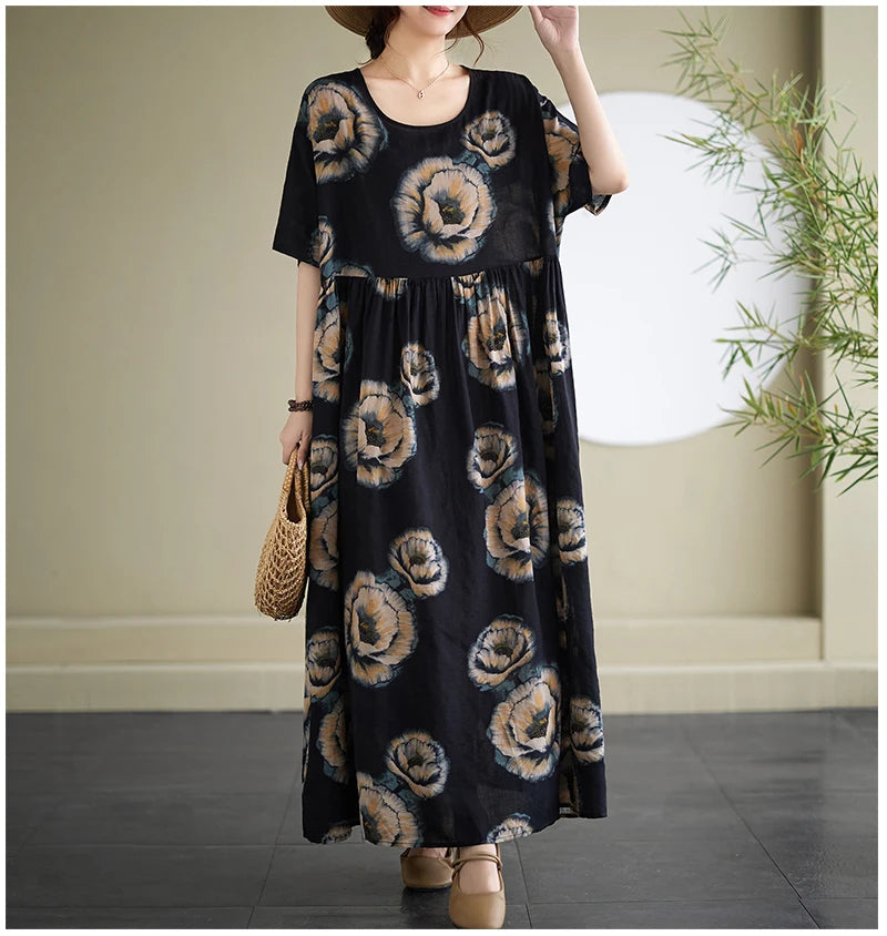 Oversized Summer Bohemian Style Long Dress Women Ruffle Pleated Fashion Flower Print Ladies Dresses Loose Casual Woman Dress