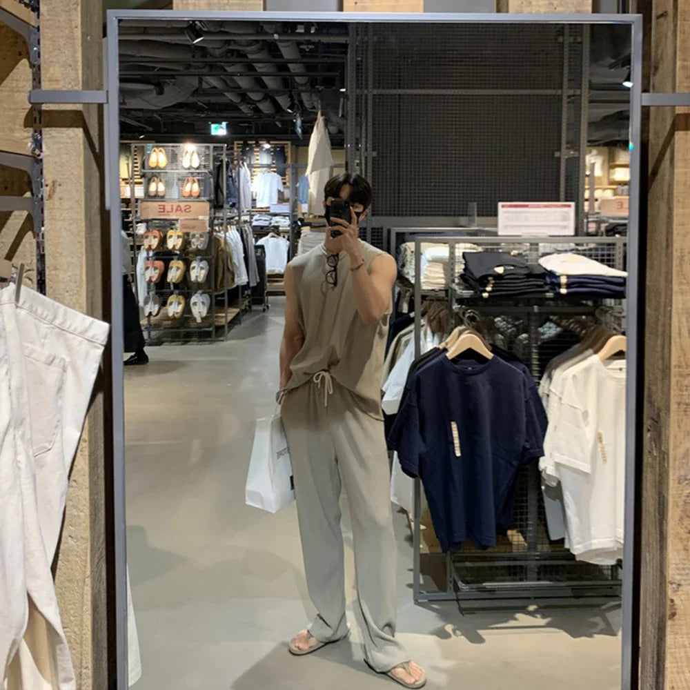 New Summer Clothing Mens Casual Tank Tops Set Luxury Korean Streetwear O Neck Solid Drape Vest and Trousers 2 Piece Suit