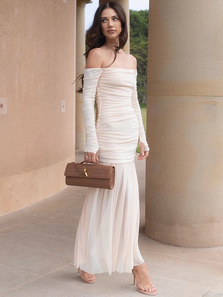Mozision Off-shoulder Strapless Sexy Maxi Dress Women Summer New Patchwork Backless Long Sleeve Pleated Long Dress Elegant