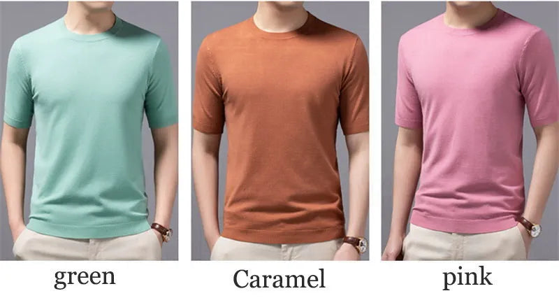 Superfine Merino Cashmere Knitted O-neck T-shirt for Men's Clothing Short Sleeve Tee Solid Color Trend Leisure Tee Tops ﻿
