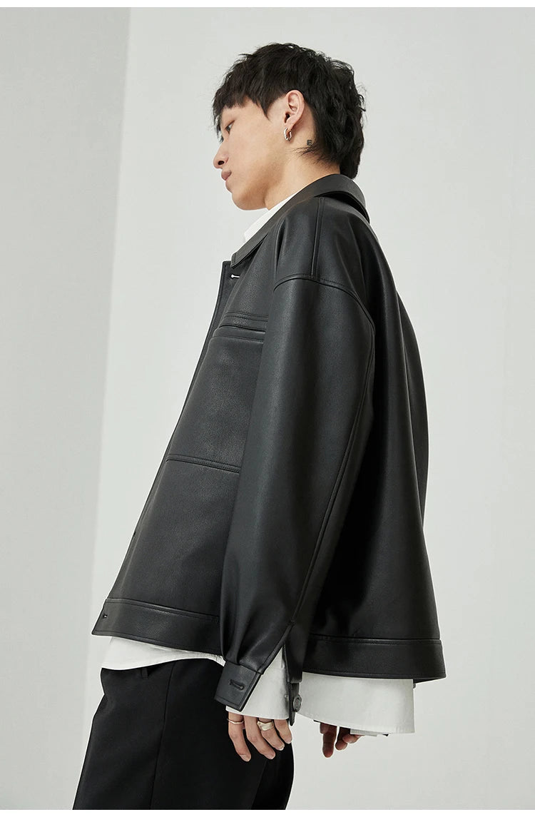 Mauroicardi Spring Autumn Short Oversized Brown Black Soft Faux Leather Jackets for Men Pockets Long Sleeve Korean Fashion 2022